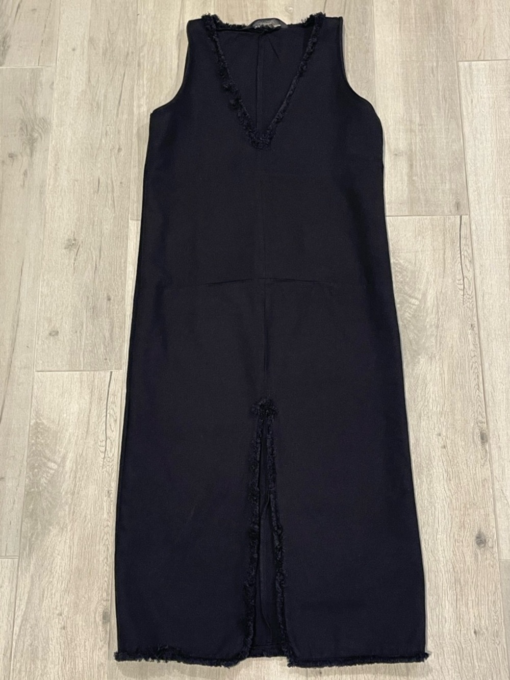 ZARA Trafaluc Black Frayed Midi Dress XS Sleeveless Minimalist Raw Hem